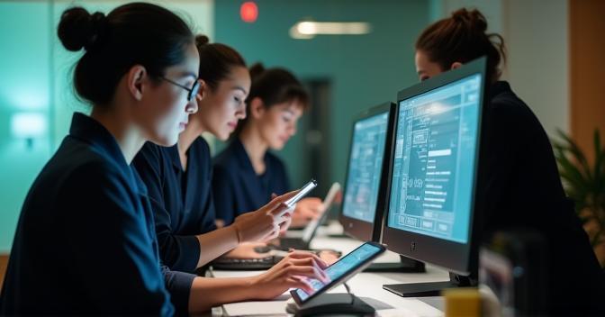 Modern hotel team using technology at the front desk