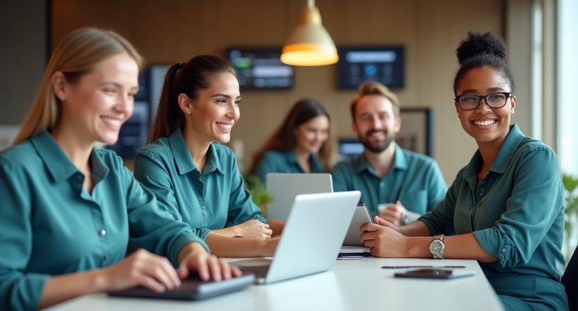 Hotel professionals celebrating with digital devices